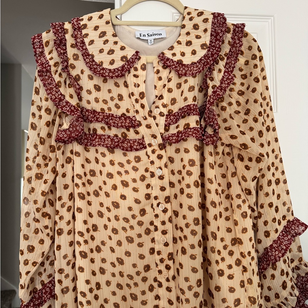 En Saison Cream Blouse with Brown Spots and Burgundy Trim